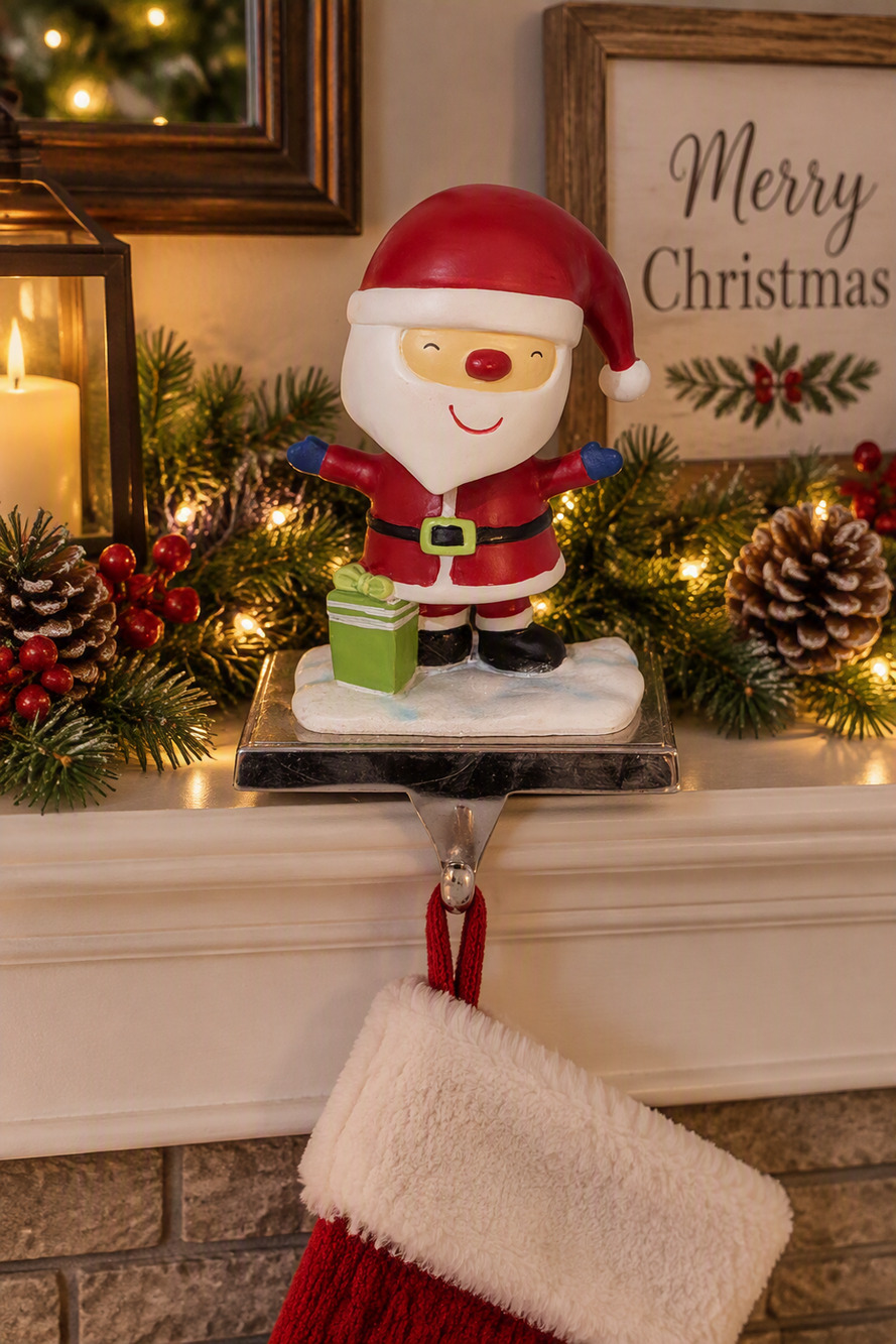 Whimsical Metal Bobble Head Santa Holding Christmas Stocking Holder 7 1/4"
